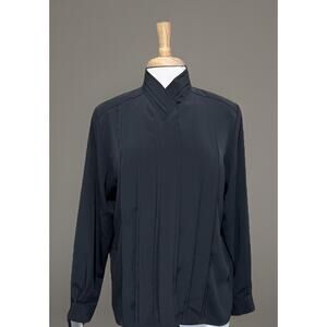 Claudia Richard Black Button Up Pleated High Neck Long Sleeve Blouse Sz 12